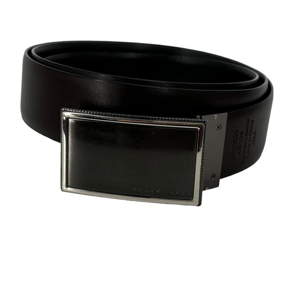 Perry Ellis Bonded Leather Belt Reversible Buckle Black or Brown Men's Size 42